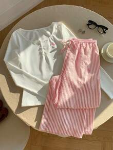 Comfortcana 2026新款春夏女式休闲刺绣细节纽扣上衣和条纹裤两件套，粉色春季套装，适合海滩、感恩节、新年、圣诞节和其他场合。 - 粉色 - 查看 5