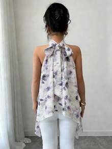 Breezaya Áo khoác mùa hè cho nữ, kiểu cổ yếm, hở lưng, thắt nơ, chất liệu chiffon, họa tiết hoa màu nước, cổ đứng, vạt áo bất đối xứng, kiểu dáng suông, thanh lịch, thoải mái, thích hợp cho kỳ nghỉ hoặc hẹn hò. - Màu tím - Xem 4