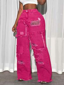 Slaydiva Plus Size Casual Washed High Waist Distressed Jeans - Red - View 3