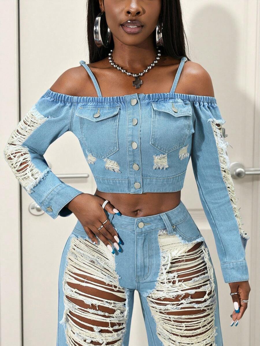 Slaydiva 女士单排扣做旧长袖短款牛仔外套，时尚百搭，适合度假和派对穿着，露肩设计 - 淺色水洗藍 - 查看 1