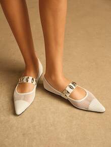 Rosivie Women Casual Versatile Commuting Minimalist Hollow Metal Decor Pointed Toe Flats - White - View 5