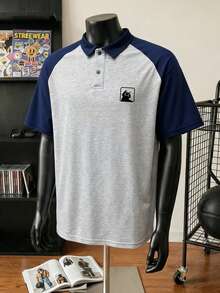 Manfinity Joysei Men's Casual Funny Black Cat Print Raglan Sleeve Polo Shirt, Suitable For School, Outings, Friend Gifts - Navy Blue - View 4