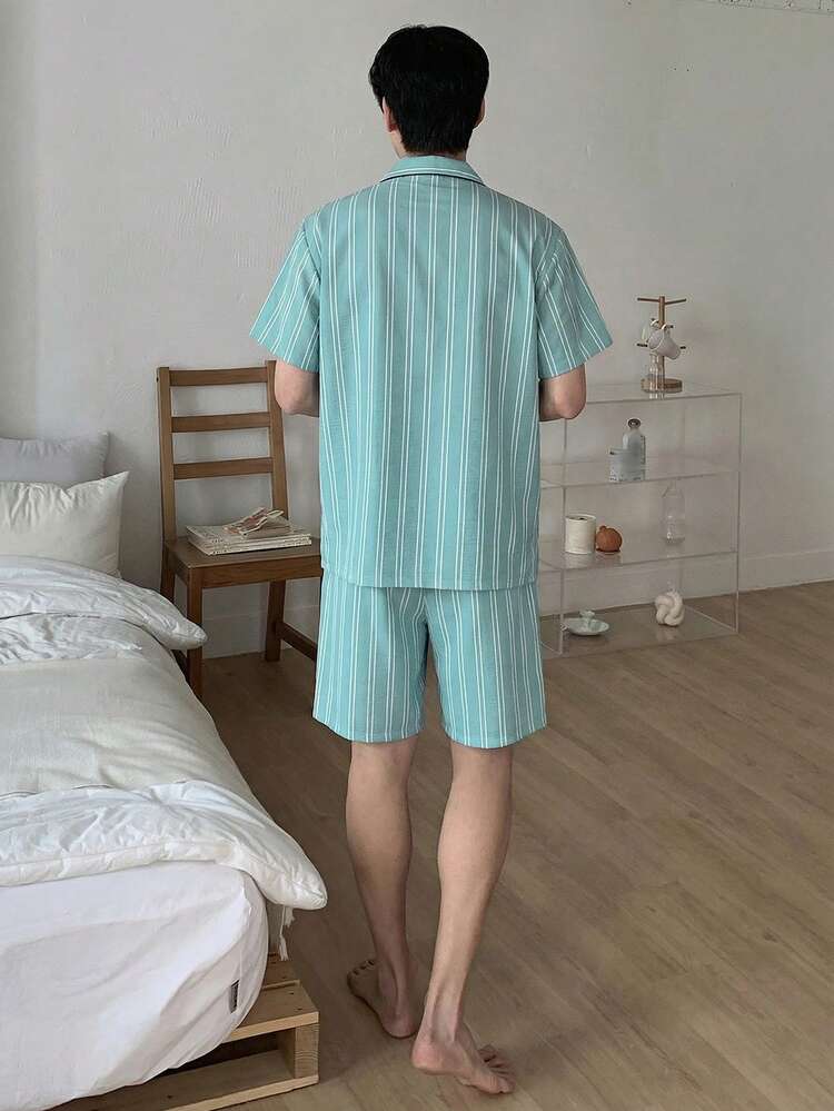 Men's Summer Short Sleeve Shirt And Shorts Striped Pajama Set