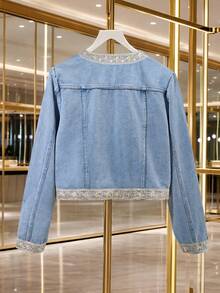 GlowEve Women's Floral Embroidered Long Sleeve Open Front Casual Denim Jacket - Blue - View 2