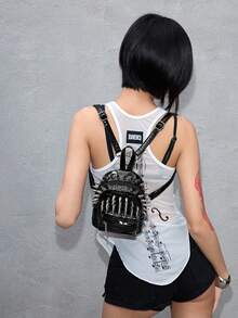 ROMWE Grunge Punk Niche Design Rivet Tassel Pleated Dual Shoulder Bag, Punk Street Style - Black - View 4