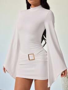SHEIN PETITE Đầm mini ôm sát cổ đứng đính kim loại, tay loe cho nữ - trắng - Xem 11