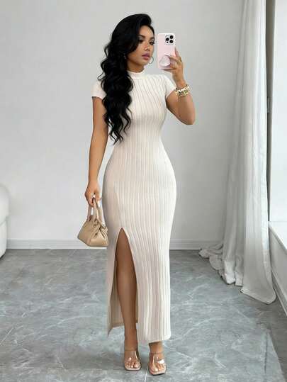 Elenzga Vestido casual y elegante para mujer, con cuello alto, manga raglán, acanalado, con cintura y abertura lateral