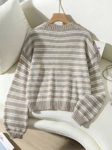 Chiquease 女士时尚百搭上衣，女士秋冬休闲通勤套头毛衣，宽松圆领罗纹毛衣，条纹撞色慵懒百搭女士套头毛衣，适合女士通勤、日常穿着以及校园日常通勤。 - 彩色 - 查看 5