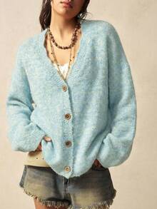 Bohemela Áo khoác cardigan dệt kim dáng rộng, phong cách vintage thường ngày, thích hợp cho mùa Thu/Đông. - Màu xanh nhạt - Xem 6