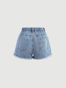 Girlism Teen Girl Pleated Light Blue Wash Water Blue Denim Ruffle Hem Fitted Shorts,Spring, Summer,Casual And Fashionable Vacation,Street Wear,2000s Style,Comfortable And Soft Denim,Vacation,Vacation Denim Shorts - Light Wash - View 2