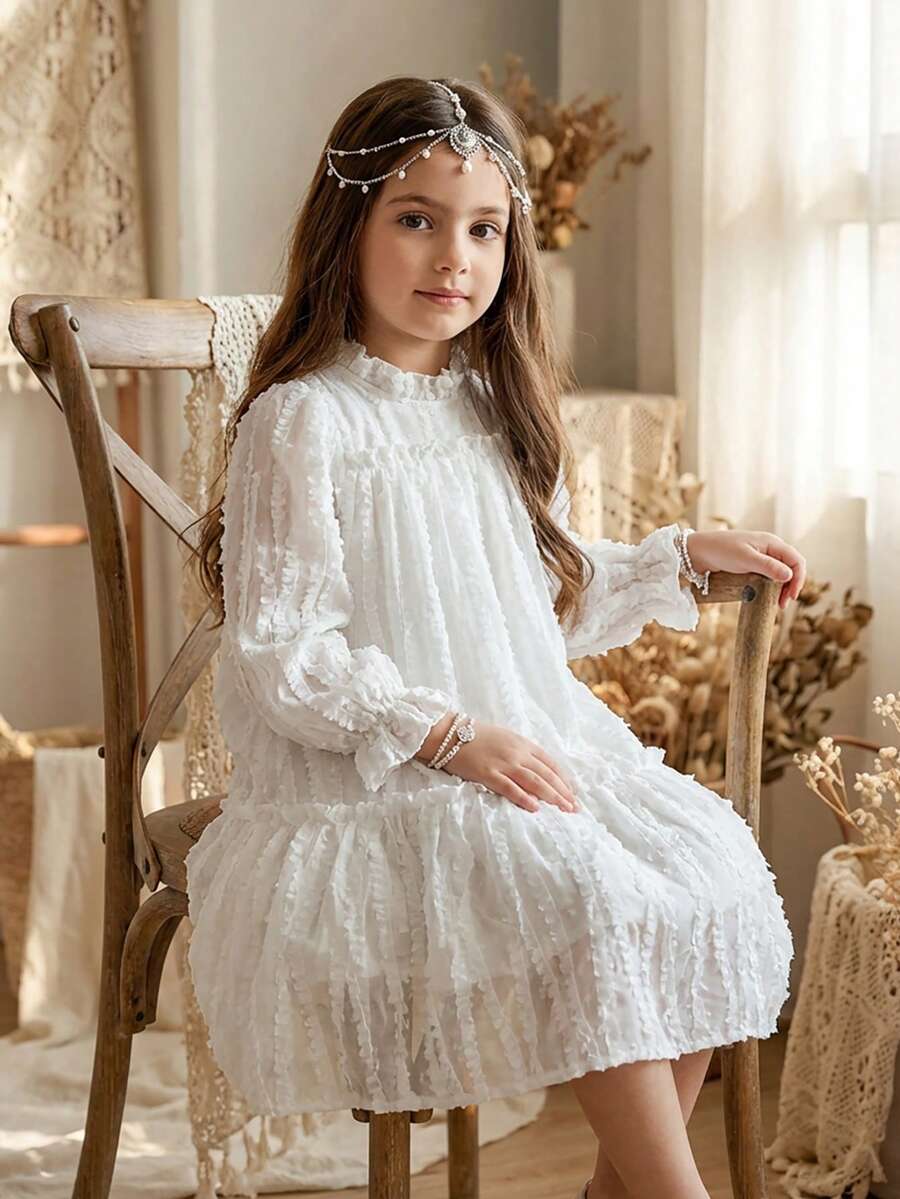 SHEIN Vintaside Kids 女童优雅公主风荷叶边领泡泡袖提花刺绣双层荷叶边下摆宽松公主裙,适合度假、旅行、派对、送礼、春秋季穿着。 - 白色 - 查看 1