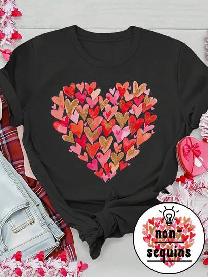 EMERY ROSE Heart-Shaped Patchwork Big Heart Valentine's Day Style Printed Casual Plus-Sized T-Shirt