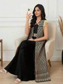 Teen Girl Gold Foil Print Sleeveless Cardigan & Spaghetti Strap Jumpsuit Elegant 2 Pieces Set - Black - View 4