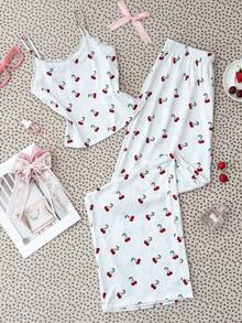 SHEIN 少女可爱樱桃印花蕾丝V领吊带背心+睡裤套装，柔软舒适 - 彩色 - 查看 1