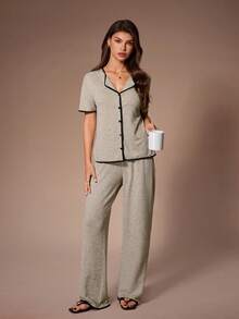 SHEIN Women's Casual Contrast Trim Lapel Short Sleeve Cardigan And Pants Loungewear Set, Spring/Summer/Autumn - Khaki - View 7
