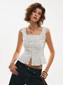 Poéselle Women's White Knitted Square Neck Tank Top With Ruffle Detail And Plant Pattern For Casual Wear - White - View 3