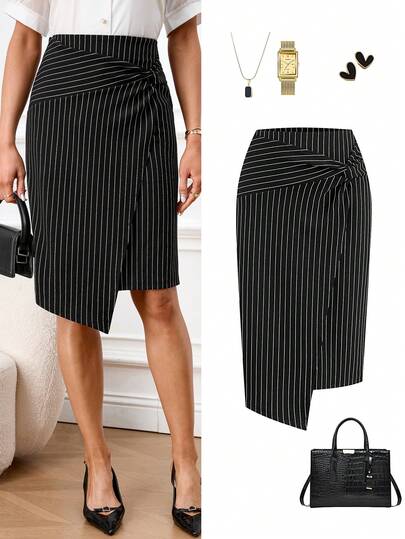 Ellevyn Women's Black PU Knotted Knee-Length Pencil Skirt, Versatile  Summer Outfits For Women   Women's Casual Elegant Midi Skirt, Slim Fit, Stretch, Versatile, Classic, Suitable For Office Wear, Teacher Wear, Knitted Pencil Skirt Women's Casual And Elegant Outfits