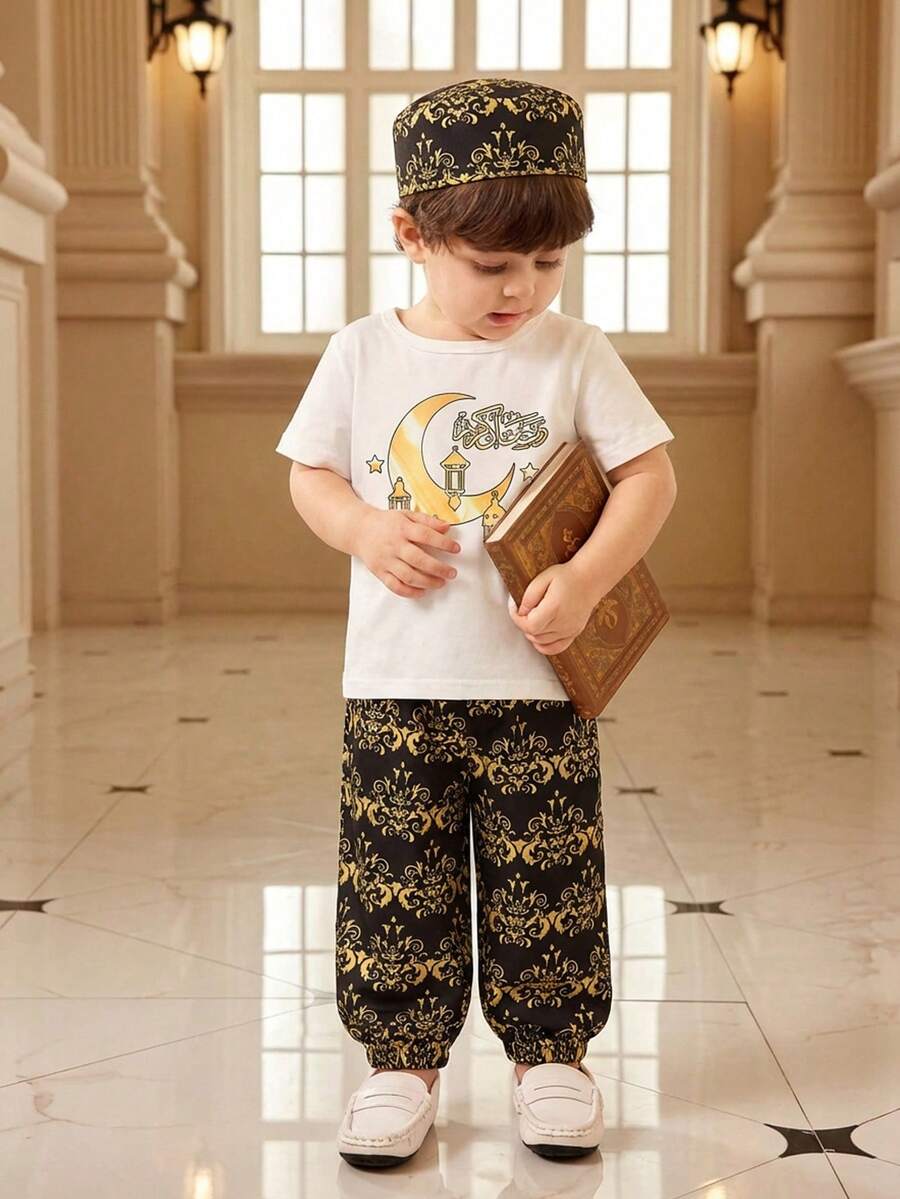 3pcs/Set Toddler Boys' Middle Eastern Style Printed Loose Short Sleeve Top + Unique Printed Jogger Pants + Unique Printed Hat, T-Shirt Outfit, Autumn/Winter Baby Boy Summer Sets Baby Boy Outfits With Hat Baby Boy Moon And Lantern Outfit رمضان  قرقيعان	 فستان العيد  الملابس التقليدية العربية Baby Boy Muslim Outfit Islamic Baby Clothing Moon And Lantern Baby Outfit - Black - View 1