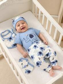 SHEIN 5pcs/Set Newborn Baby Boy Summer Outfit, Includes Cute Bear Print Knit Soft Bodysuit, All-Over Print Pants, Hat, Bib, Gloves Baby Unisex Clothes Sets Baby Boy Clothes Baby Boys Sets Newborn Baby Boy Clothes