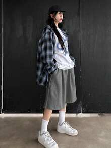 DAZY Quần short Bermuda nữ màu trơn dáng rộng, phong cách Y2k - Xám - Xem 4