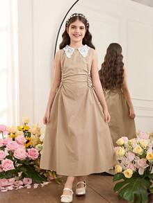 SHEIN Tween Girl Elegant Color Block Sleeveless Cinched Waist Mid-Length Dress - Black - View 4