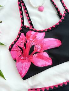 Tween Girls Random Ditsy Floral Bikini Set, Bright Fuchsia Camisole Bikini With Shell Trim, Summer Beach Backless Camisole Swimsuit Set, Beach Vacation Swimwear - Black - View 8