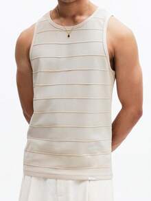 SUMWON Men's Ribbed Knit Tank Top With Horizontal Stripe Pattern And Crew Neck For Summer Casual Wear - Apricot - View 5