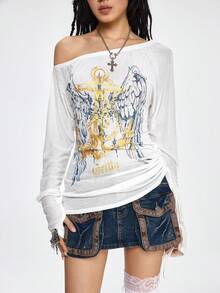 ROMWE Grunge Punk SpringRomantic Nautical Punk Wing & Anchor Foil Print Oblique Shoulder Women Long Sleeve T-Shirt - White - View 8