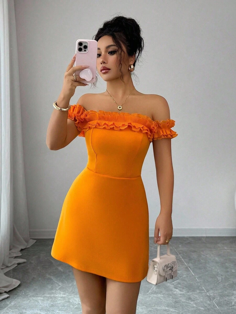 Elenzga Ruffle Collar Off-Shoulder Waist Cinched Romantic Women Dress - Orange - View 1