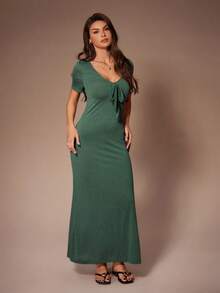 SHEIN 独特蝴蝶结设计橄榄绿短袖女士休闲连衣裙 - 墨綠色 - 查看 3