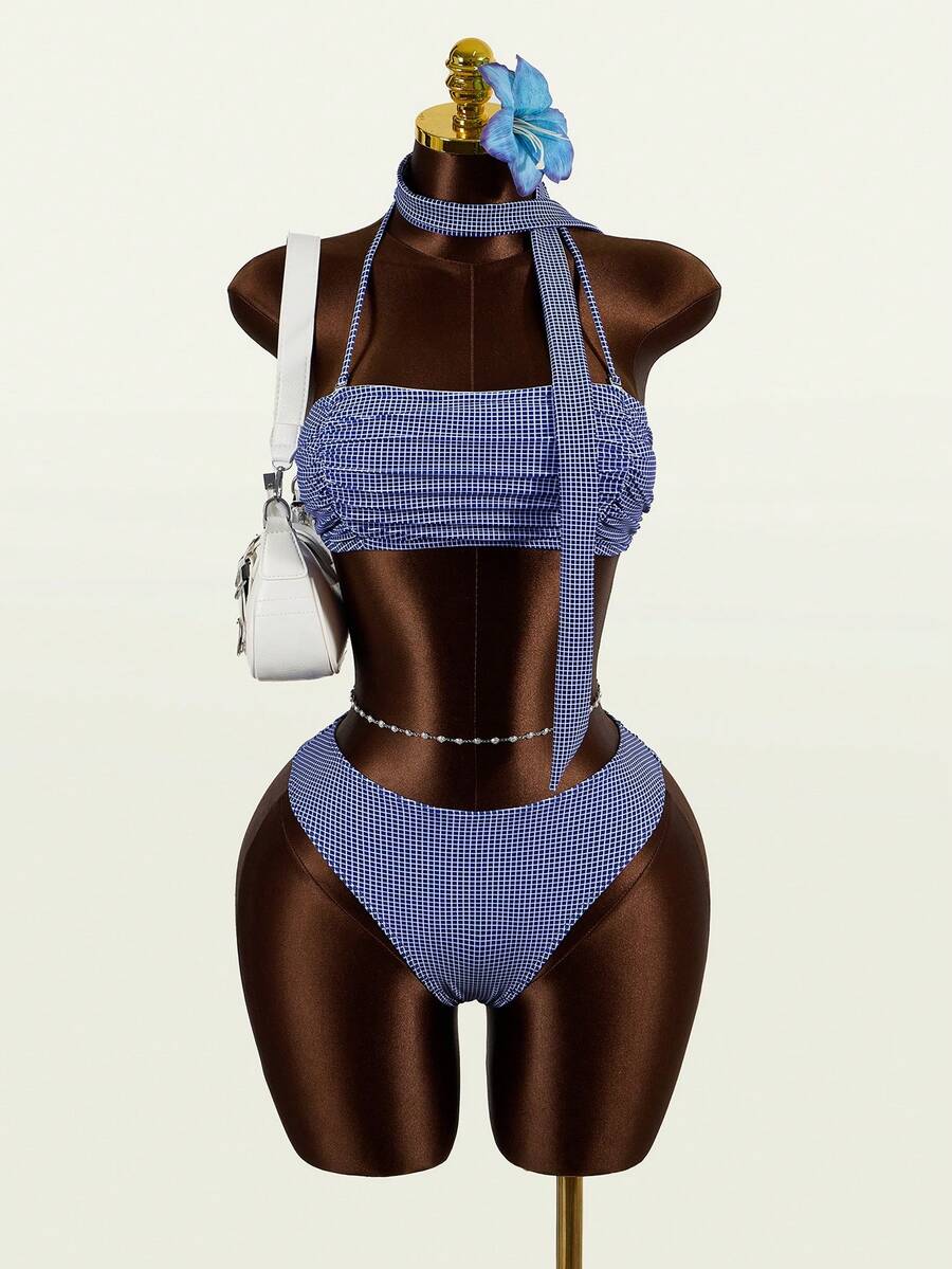 SHEIN Women's Plaid Fashionable Spaghetti Strap Ruched Summer Bikini Set - Blue and White - View 1