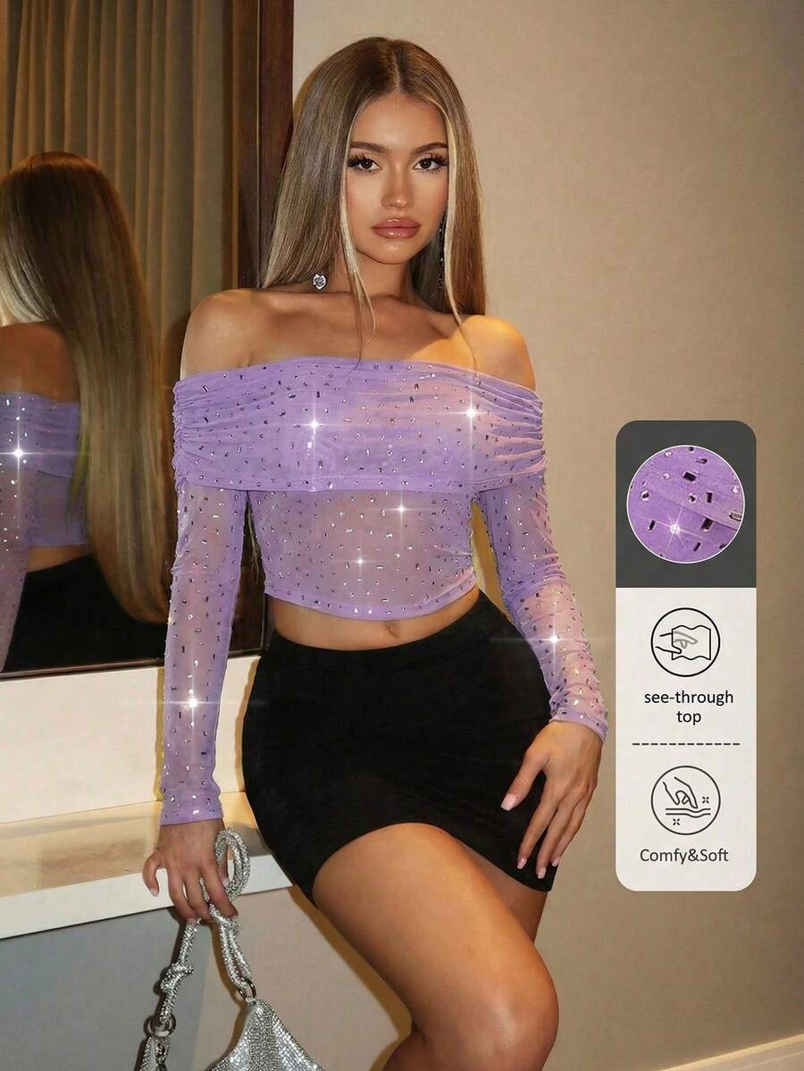 SHEIN BAE 女士单肩长袖露脐上衣，饰有水钻，适合夏季海滩、度假、夜店派对、音乐会、音乐节等场合。 - 淡紫色 - 查看 1
