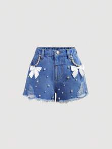 SHEIN Young Girl White Faux Pearl Decor Ribbon Bowknot Blue Denim Ripped Shorts, Spring And Summer Casual Vacation Country Boho Wear, Beach, Western Street Wear For Girl, Spring Break, Rave Festival Denim Shorts - Medium Wash - View 5