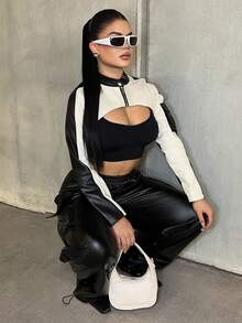 Dayanna Comas Chaqueta de mujer de manga raglán de dos tonos, muy corta, ropa de otoño sin sujetador - Multicolor - Ver 4