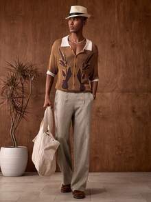 AKNOTIC 男士梭织休闲宽松直筒纯色长裤 米色男士长裤 男士阔腿裤 男士高腰裤 男士褶裥西装裤 宽松工装裤 男士亚麻裤 - 卡其色 - 查看 3