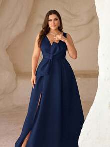 SHEIN Belle Robe de soirée formelle asymétrique à col en V profond, fente haute et nœud, couleur fuchsia, élégante