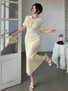 DAZY Women's Elegant Solid Color Ruffle Collar Knit Dress, Summer - Beige - View 3