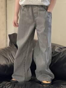 DAZY 青少年男童条纹口袋休闲百搭日常阔腿牛仔裤 - 藍色 - 查看 7