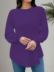 EMERY ROSE Plus Size Women Knitted Crew Neck Cable Sleeve Casual Shirt Plus Size Oversized T Shirt Plus Size Long Sleeve - Purple - View 3