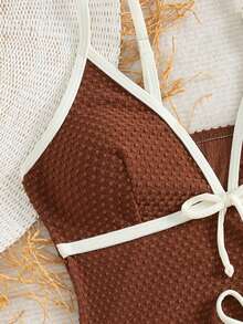 Swim Mod Women's Spring/Summer Beach Music Festival Textured Fabric V-Neck Knot Tie Cute Style Tankini Set - Coffee Brown - View 4