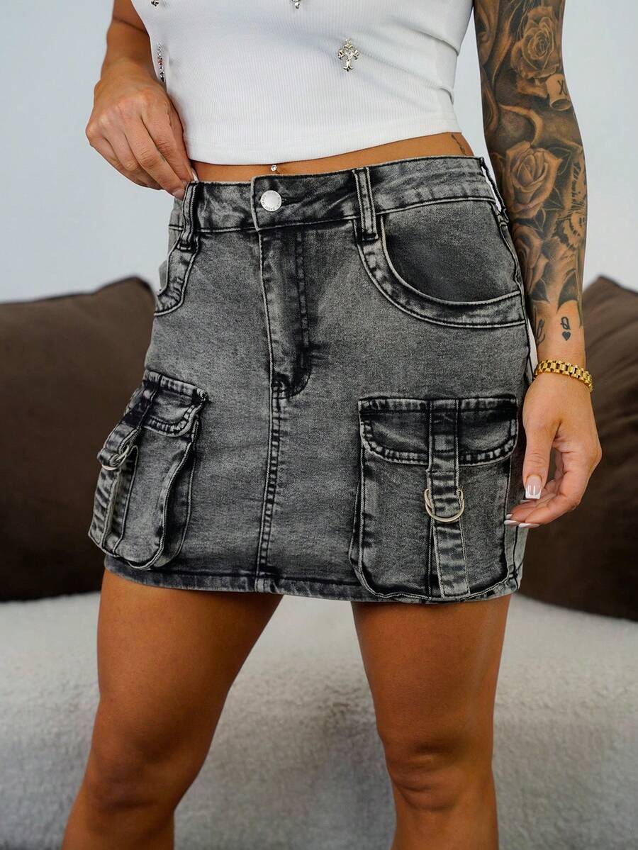 SAYEHFBABY Y2K Grunge Concert Cowboy Denim Cargo Skirt, Streetwear - Dark Grey - View 1