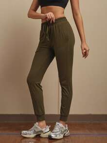 SHEIN Cheerettes 柔软纯色弹力腰带抽绳口袋休闲舒适透气运动裤 - 軍綠色 - 查看 6