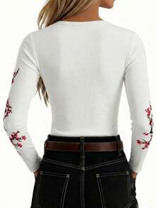 EMERY ROSE 女士V领印花修身长袖T恤 - 白色 - 查看 2