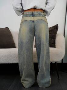 SAYEHFBABY 女式简约前扣口袋休闲牛仔裤 - 藍色 - 查看 2