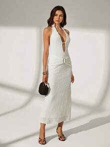 Lyxana Women's Elegant Backless Hollow-Out White Long Dress, Suitable For Party - White - View 5