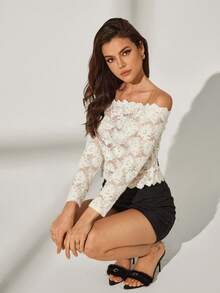 Lyxana Spring/Summer New Casual Elegant Fashion Sexy Vacation Romantic Party Christmas Ribbon Tie Sheer Long Sleeve Solid Color Lace Jacquard Women Top - Apricot - View 6