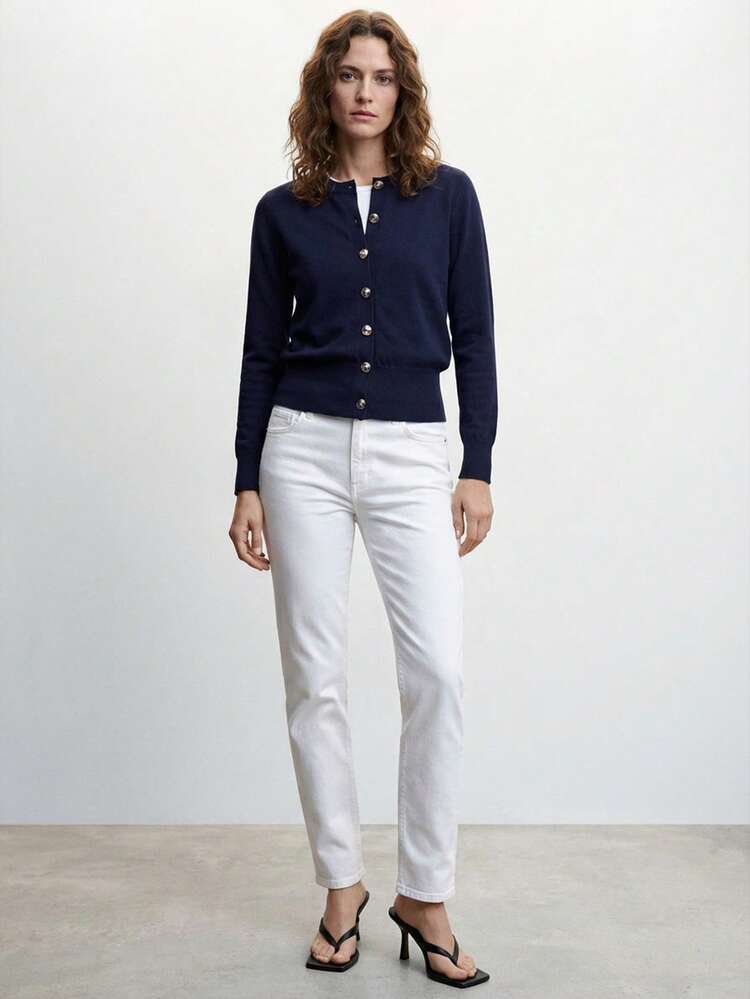 SHEIN Maija Women's Spring/Summer Open Front Metal Button Decor Loose Knit Cardigan, Basic Urban Commute Style, Minimalist Fashion Elegant Business Casual  Classic Top