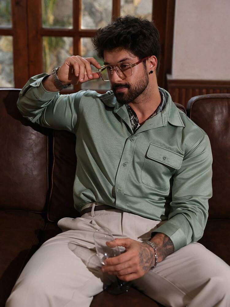 Men's Green Button-Front Pocket Long Sleeve Casual Shacket, Spring/Autumn