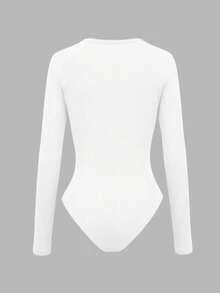 Women's Solid Color Minimalist Long Sleeve Bodysuit, Everyday Wear - White - View 2