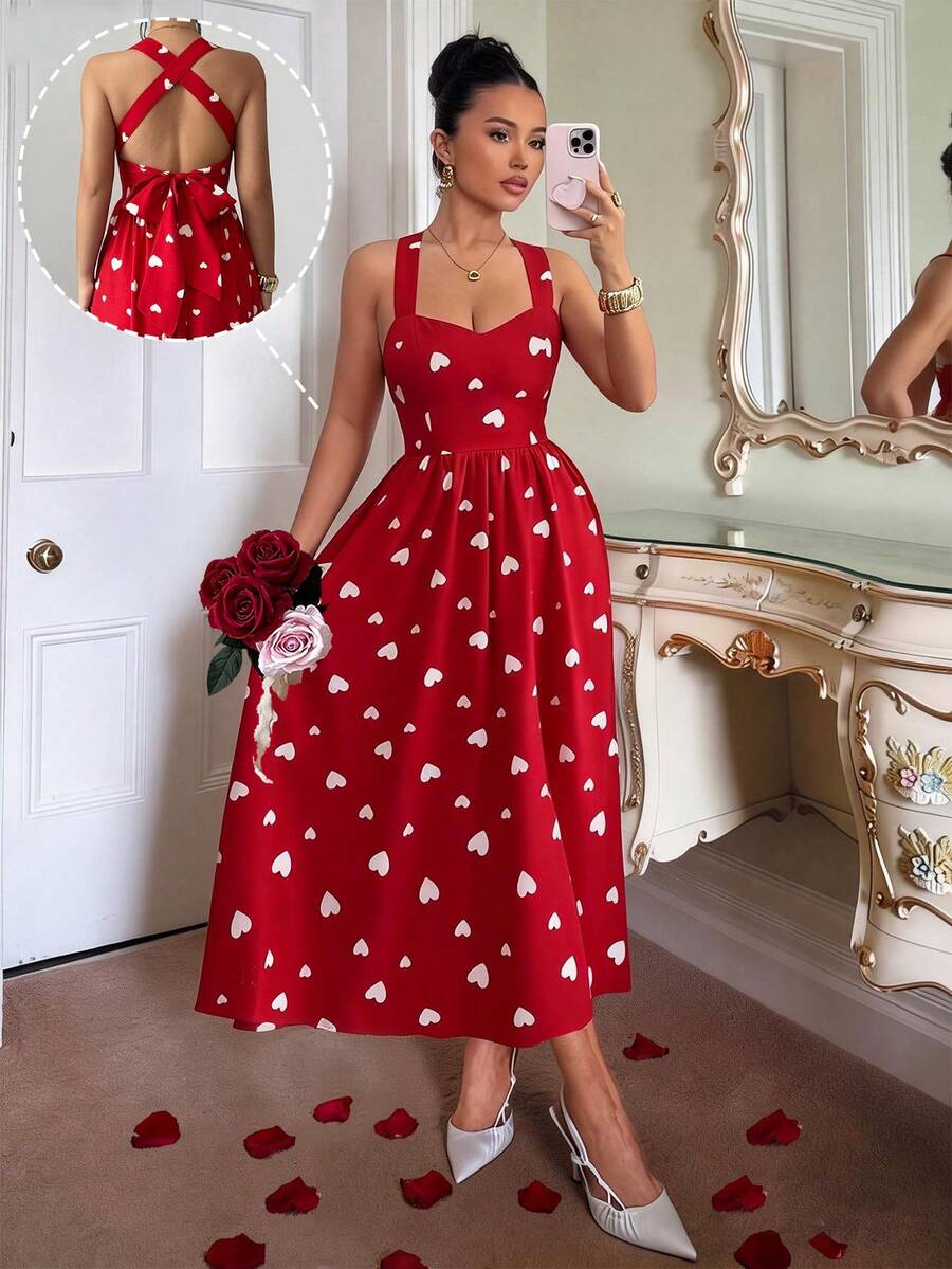 Rafferiza 2016新款优雅轻盈法式情人节红色爱心收腰A字中长连衣裙（女款） - 紅色 - 查看 1